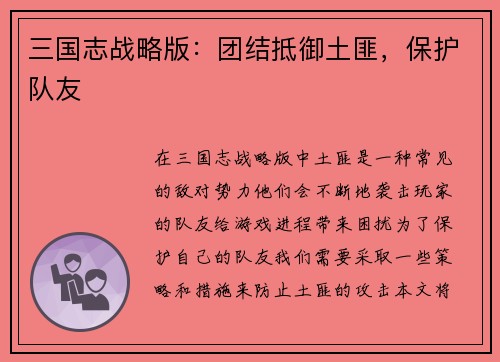三国志战略版：团结抵御土匪，保护队友