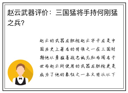 赵云武器评价：三国猛将手持何刚猛之兵？